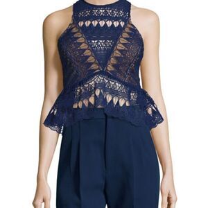 NEW SELF-PORTRAIT NAVY LACE PEPLUM TOP SZ US 8